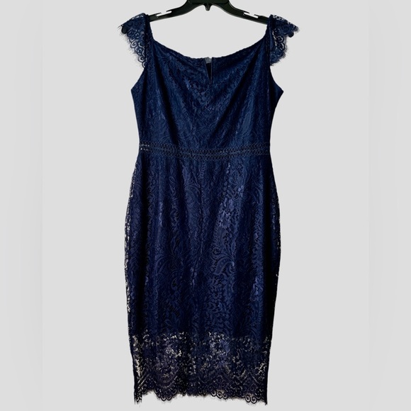Allanwell Blue Floral Lace V Neckline Midi Bodycon XL Cocktail Dress - Picture 1 of 10